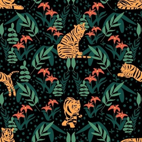 In the Jungle | Large Version | Hand drawn tigers, tiger lilies, stripes, and leaf plant print 