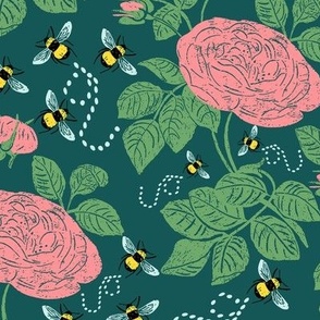 Busy Bumble Bees | Medium Version | Bumble bees, and vintage pink wild flower print