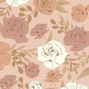 Floral Roses Flowers tossed-brown pink desert tones on pink