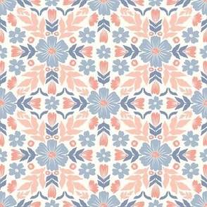 Symmetrical Folky Floral Flowers-Orange and Blue