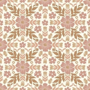 Symmetrical Folky Floral Flowers-Pink Brown Desert Tones
