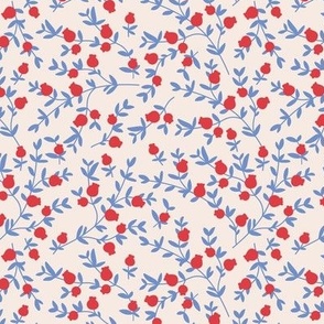 Pomegranate garden - fruit berries branches and petals figs spring summer design 4th of july patriot usa colors red blue on ivory 