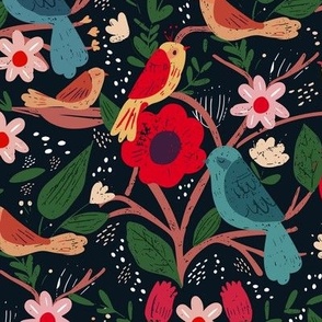 Folksy Birds and Flowers | Medium Version | Scandinavian-Modern Folk art flowers and birds print