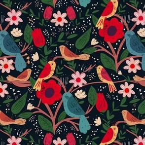 Folksy Birds and Flowers | Small Version | Scandinavian- Modern Folk art flowers and birds print