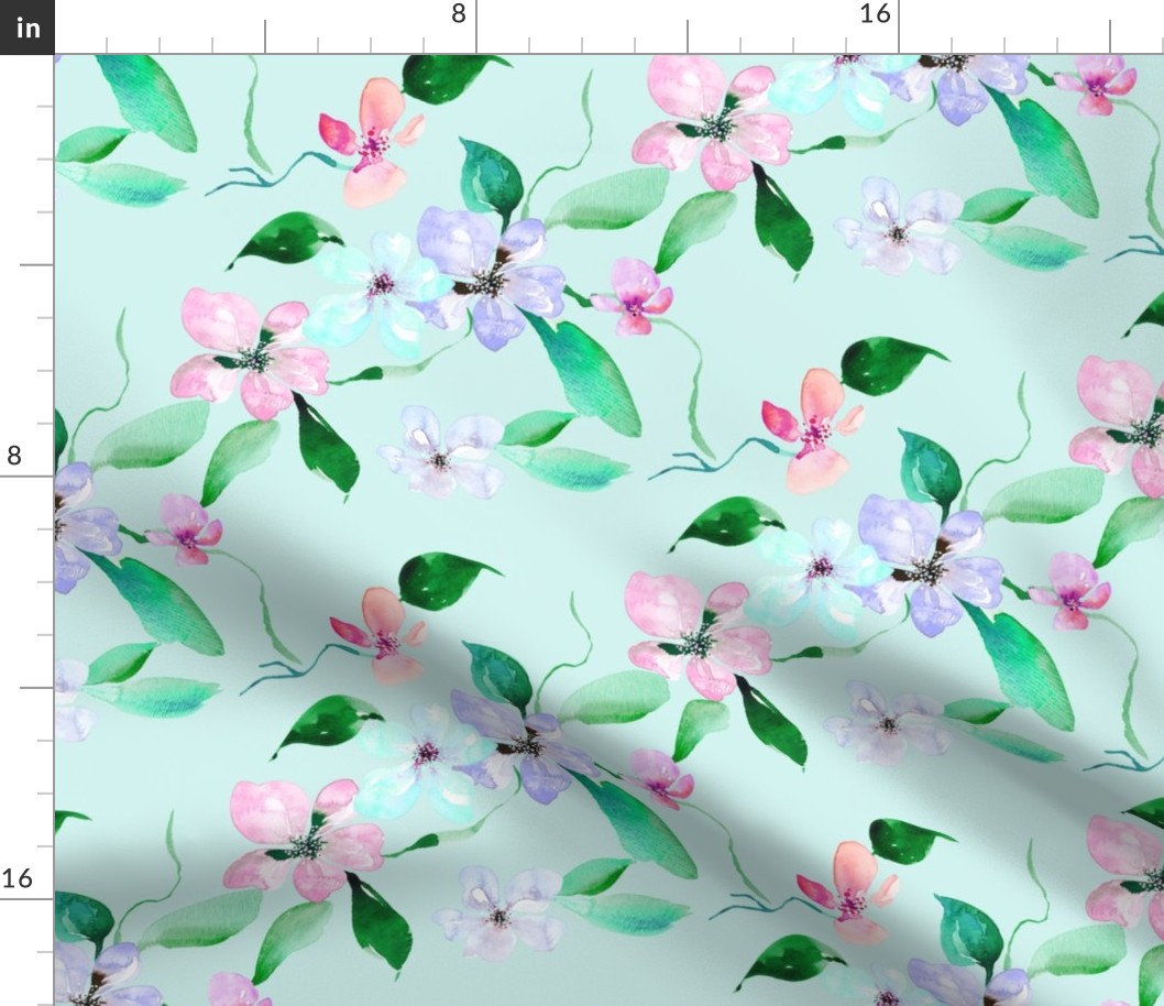 Tropical flowers in mint greenfrom Anines Atelier. Use the design for tropical interior and swimsuit and bikini