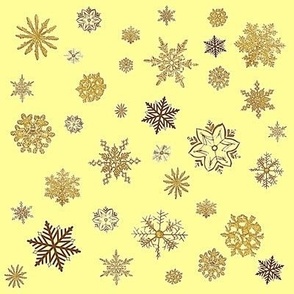 flocons de neige  or et brun sur fond jaune beurre