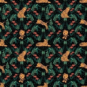 Tigers and flowers In the Jungle boho pattern | Small Version | Hand drawn tigers, tiger lilies, stripes, and leaf plant print 