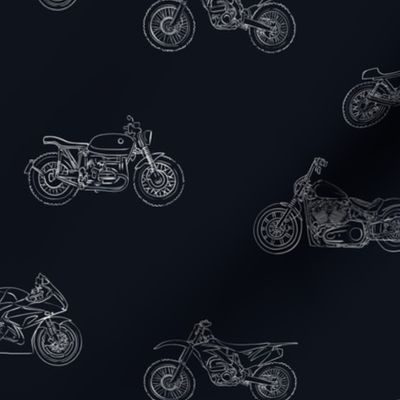 Motorcycles, White outline on black ink background