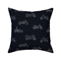 Motorcycles, White outline on black ink background