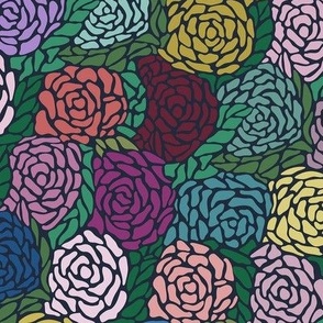 Vintage style allover floral packed on dark background with multicolor foliage - large 