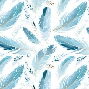 Blue Feathers & Leaves on White - small
