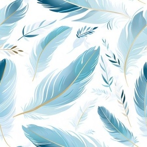 Blue Feathers & Leaves on White - medium