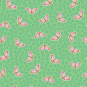 Girly and dainty butterflies on soft green polka dot background - midsize 