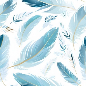 Blue Feathers & Leaves on White - large