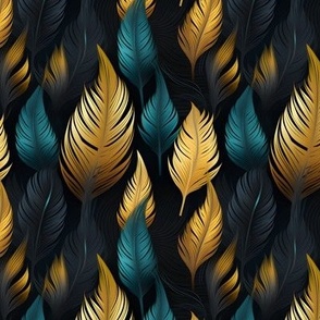 Teal & Gold Feathers on Black - small