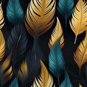Teal & Gold Feathers on Black - medium