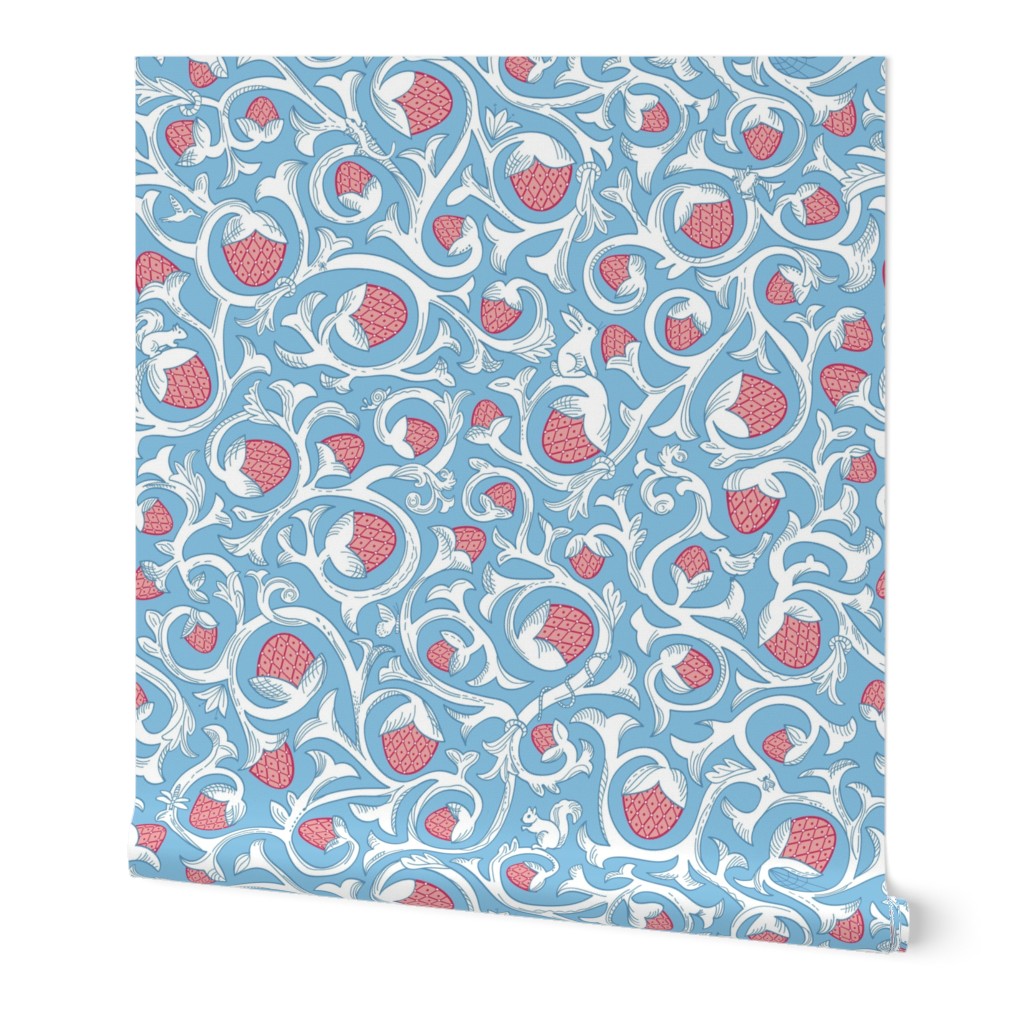 Ornamental Classic Toile Vines - blue and coral - large scale 