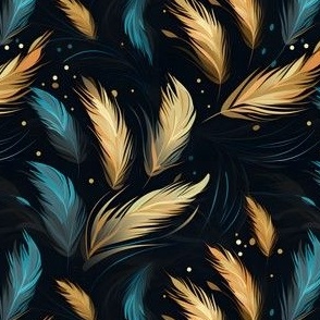 Blue & Gold Feathers on Black - small