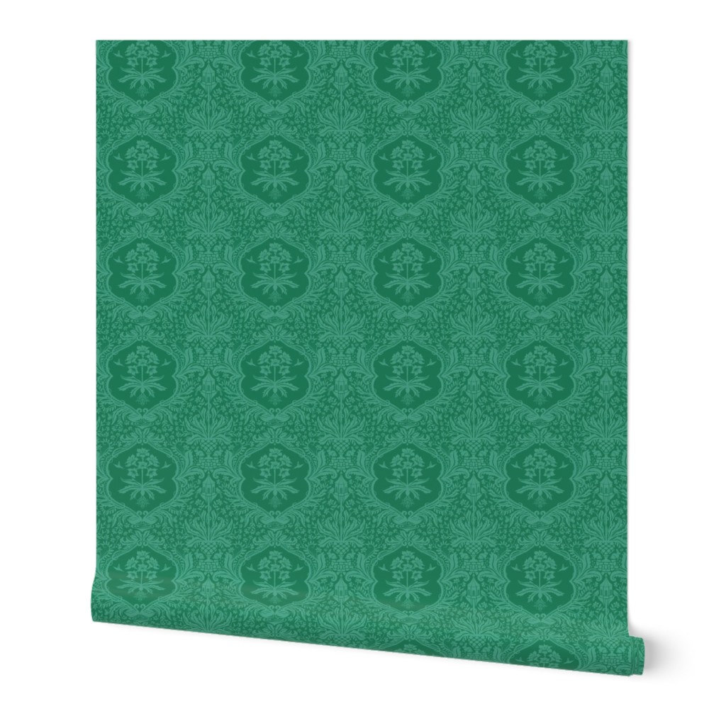 Conversational Damask with Bunnies and Birds - teal 