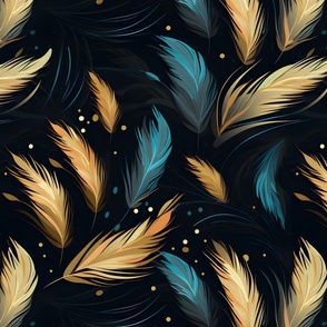 Blue & Gold Feathers on Black - large