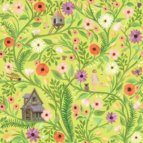Bright print of a fantasy garden scene with cute floral vines, foliage and branches on yellow - small