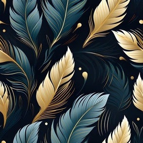 Blue & Gold Feathers on Black - medium