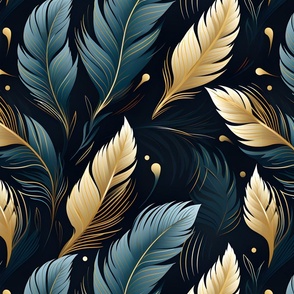 Blue & Gold Feathers on Black - large