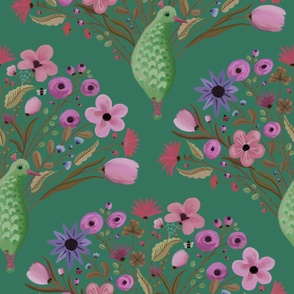 Whimsical pattern of decorative peacocks with  magical floral tails - maximalist ,  damask - large  print 