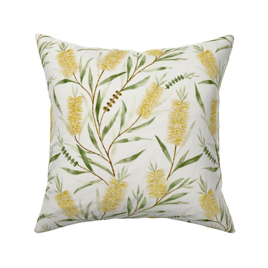 Medium Watercolor Australian Yellow Bottle Brush Flowers with Dulux Casper White Quarter Background