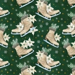 victorian ice skates with mistletoe and poinsettias on forest green 4in