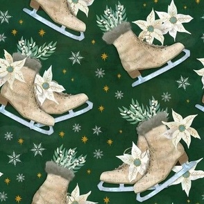 victorian ice skates with mistletoe and poinsettias on forest green 8in