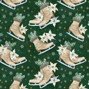 victorian ice skates with mistletoe and poinsettias on forest green 12in