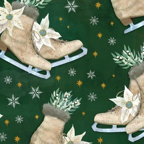 victorian ice skates with mistletoe and poinsettias on forest green 24in