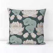 Lilypad Rebirth Damask - Lake Life Collection (Lake Water Green) (lily pad, lotus, water lilies)