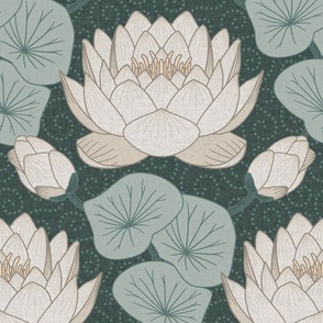 Lilypad Rebirth Damask - Lake Life Collection (Lake Water Green) (lily pad, lotus, water lilies)