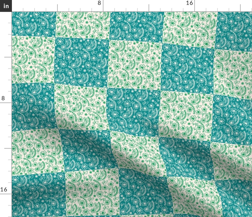 Folk Flower Quilt Teal and Green 