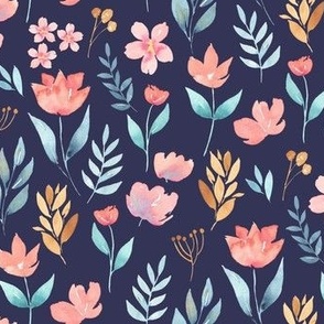 Bloomcore loose florals / medium / in bright pink, blue and yellow on navy blue for floral wallpaper 
