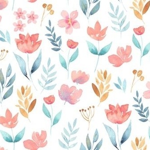 Bloomcore loose florals / medium/ in bright pink, blue and yellow on white for floral wallpaper 
