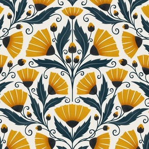 arts and crafts wildflowers - floral - golden yellow / dark blue  (large)