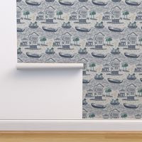 Blue Toile de Jouy Lake House with Boats blue on cream classic wallpaper