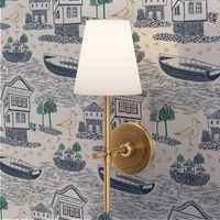 Blue Toile de Jouy Lake House with Boats blue on cream classic wallpaper