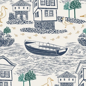(L) Toile de Jouy Lake House with Boats blue on cream classic wallpaper