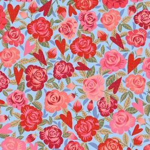 Romantic Roses and Hearts - Sky Blue background