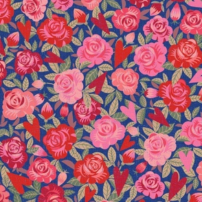 Romantic Roses and Hearts - Navy Blue background