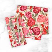 Romantic Roses and Hearts - Cream background