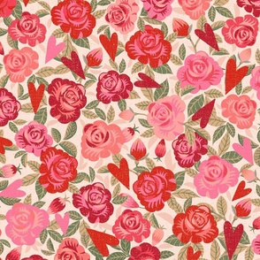 Romantic Roses and Hearts - Cream background