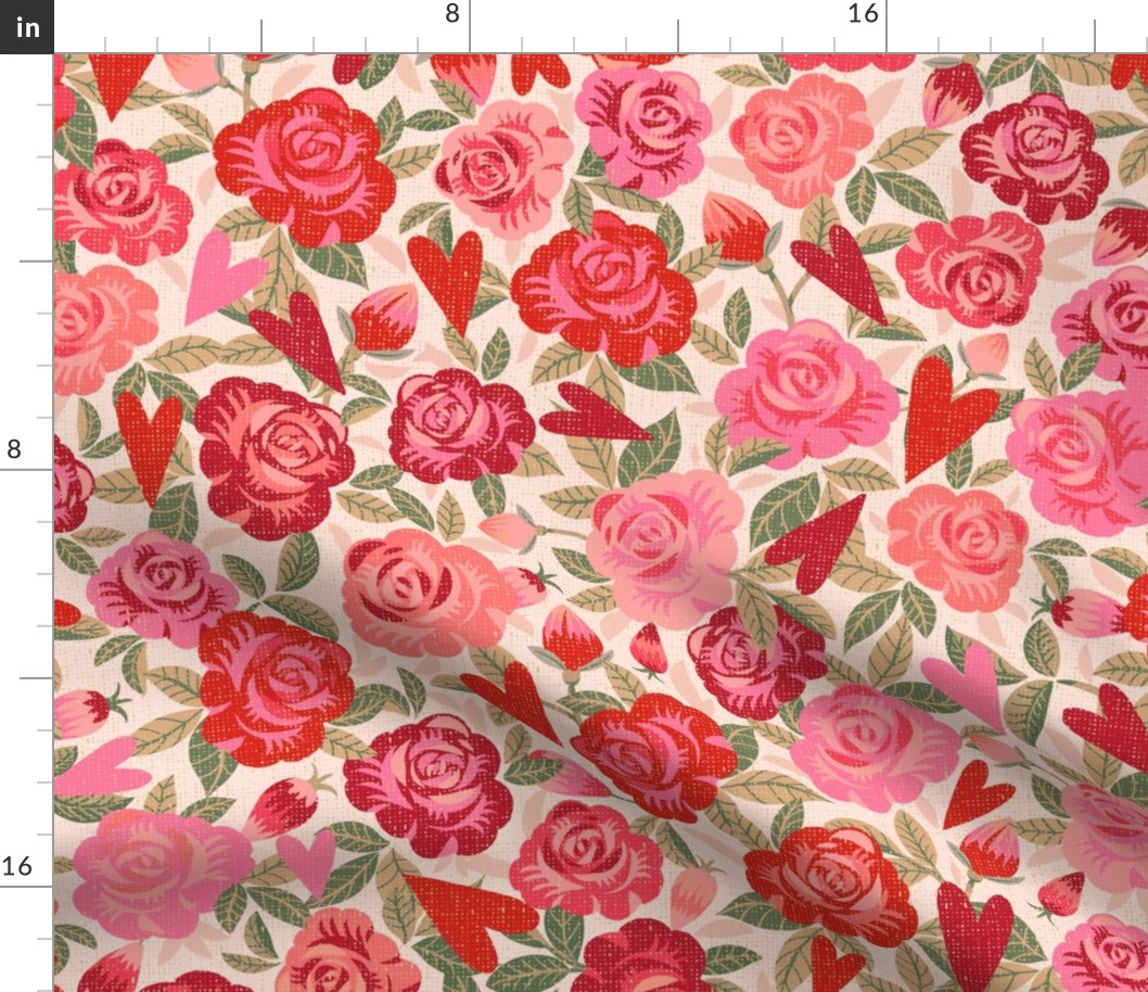 Romantic Roses and Hearts - Cream background