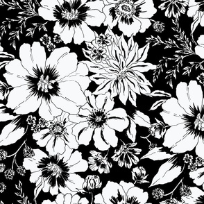 Western Gothic black and white floral hand drawn lush flowers 