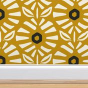 Retro Abstract Golden Geometric Flowers in White and Mustard / Gold