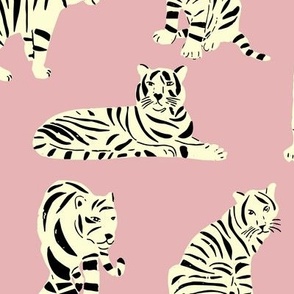 Tigers on Pink | Large Version | Bengal White Tigers boho Print